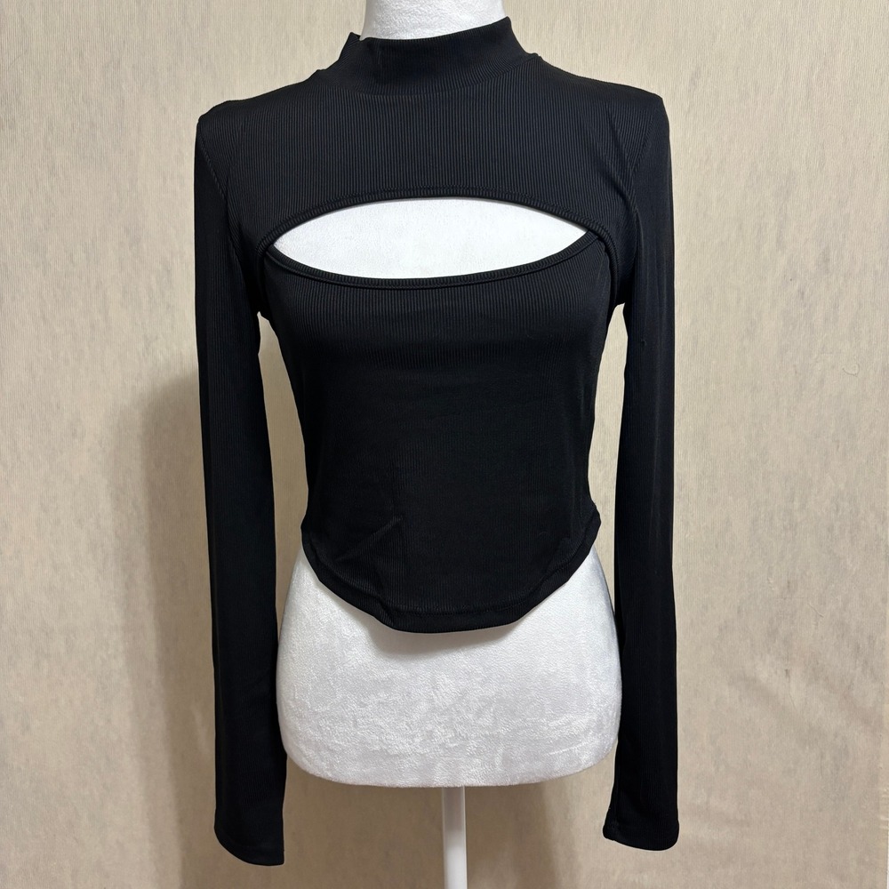 Ribbed Mock Neck Cutout Crop Top Bodycon Edgy Clubbing Night Out Y2K Sz 8/10